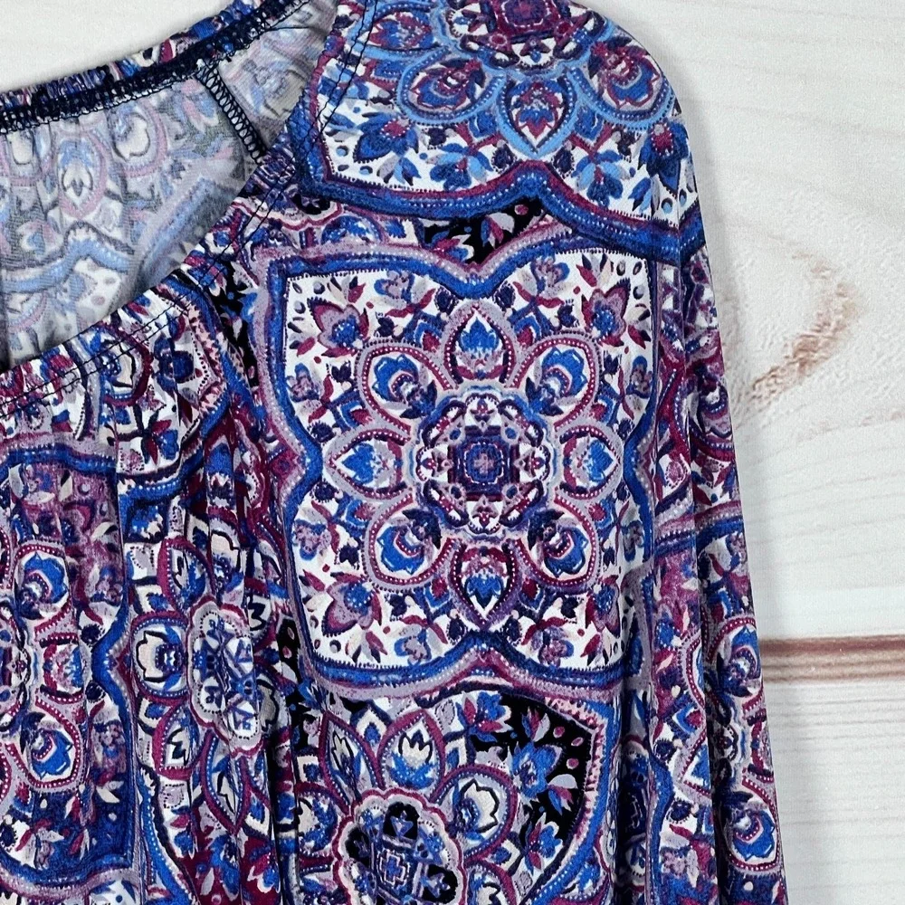 Dressbarn Top Womens Large Purple Paisley Blouse Bell Sleeve Knit Elastic Neck